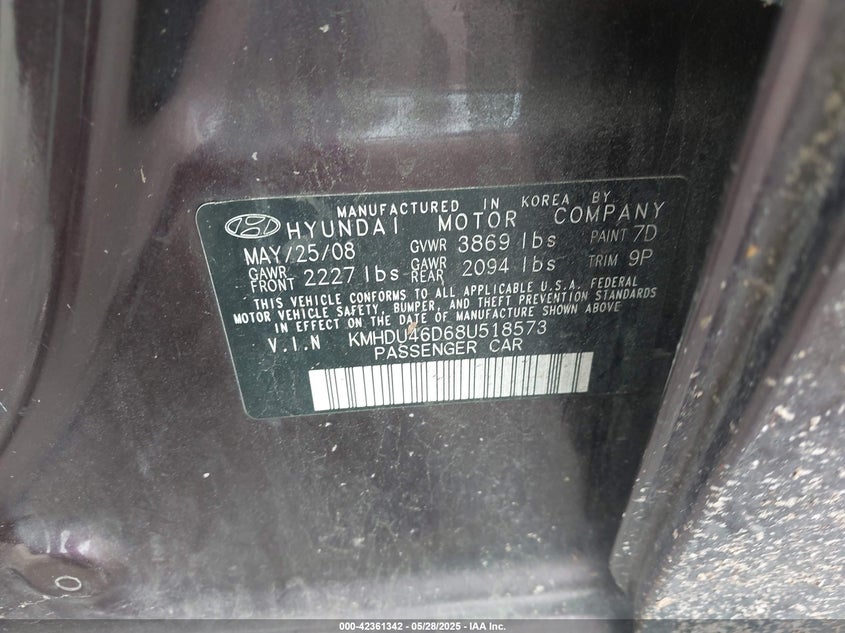 KMHDU46D68U518573 2008 HYUNDAI ELANTRA photo no. 9