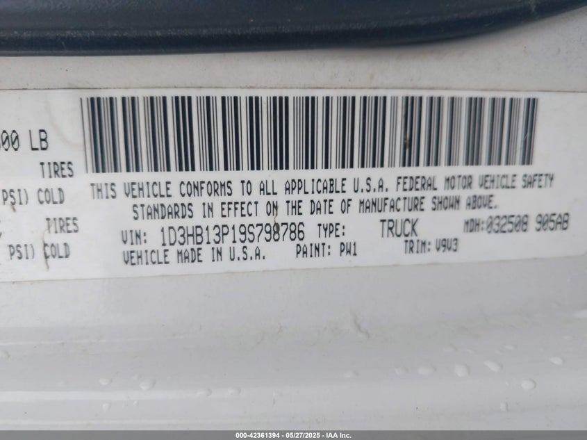 2009 DODGE RAM 1500 VIN: 1D3HB13P19S798786