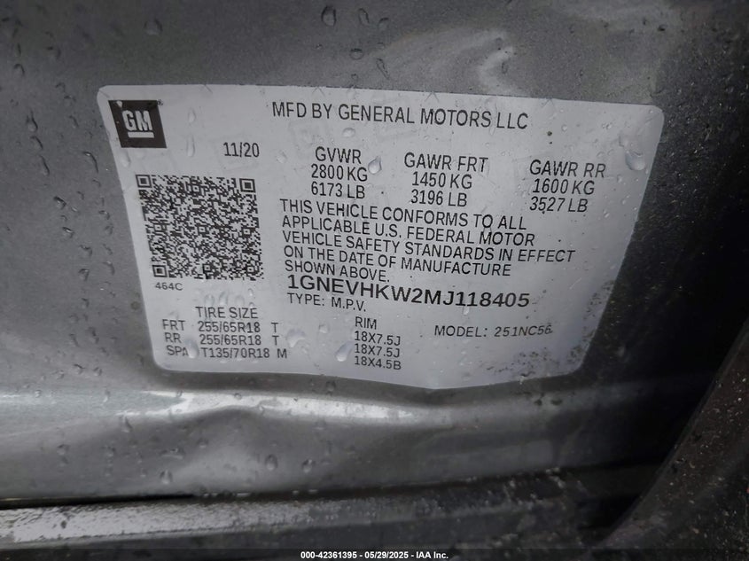 2021 CHEVROLET TRAVERSE VIN: 1GNEVHKW2MJ118405