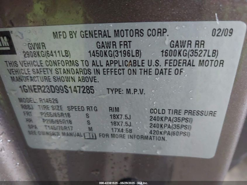 2009 Chevrolet Traverse Lt VIN: 1GNER23D99S147285 Lot: 42361525