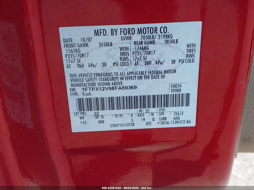 2008 FORD F150 VIN: 1FTPX12V98FA59369