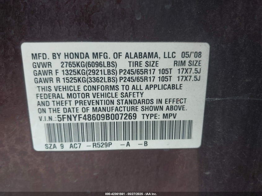2009 HONDA PILOT VIN: 5FNYF48609B007269