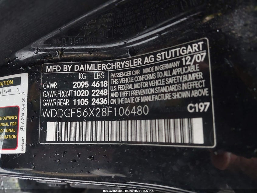 2008 MERCEDES-BENZ C 350 VIN: WDDGF56X28F106480