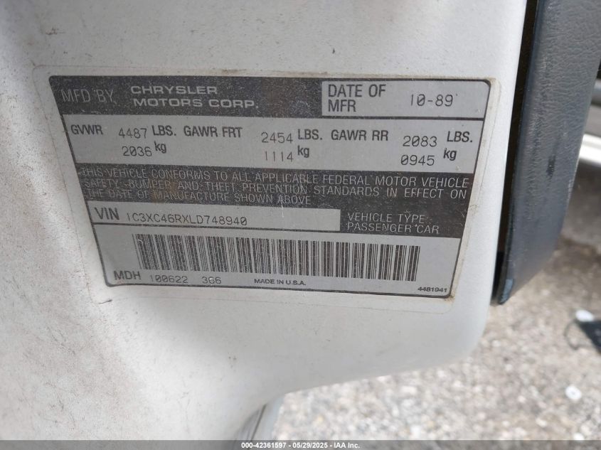 1990 Chrysler Salon VIN: 1C3XC46RXLD748940 Lot: 42361597