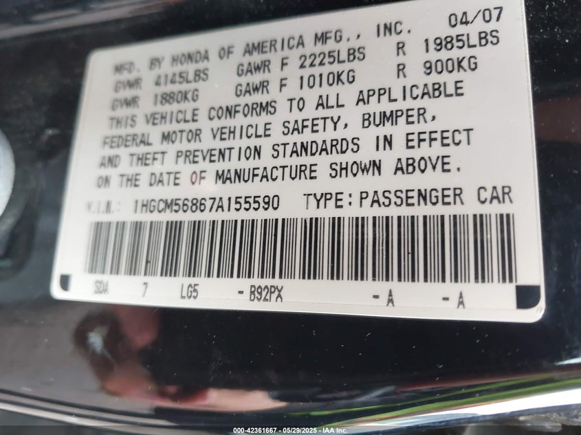 2007 HONDA ACCORD VIN: 1HGCM56867A155590