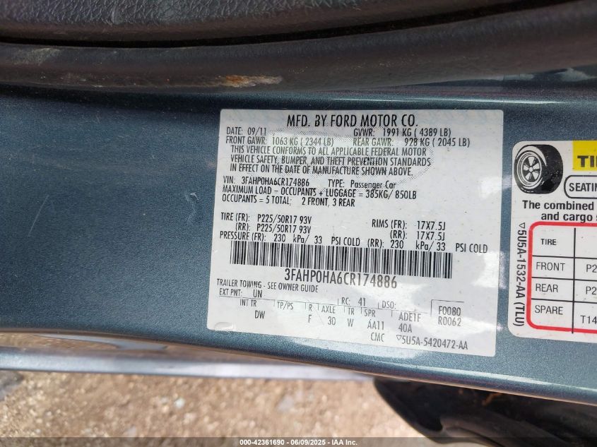 2012 Ford Fusion VIN: 3FAHPOHA6CR174886 Lot: 42361690