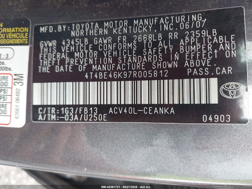 2007 Toyota Camry Le VIN: 4T4BE46K97R005812 Lot: 42361721