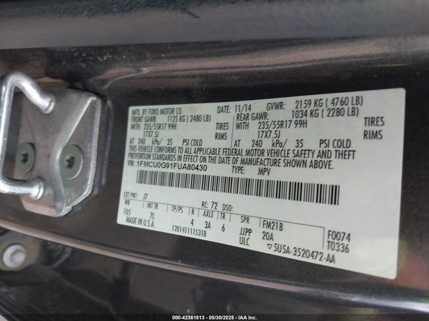 2015 FORD ESCAPE VIN: 1FMCU0G91FUA80430