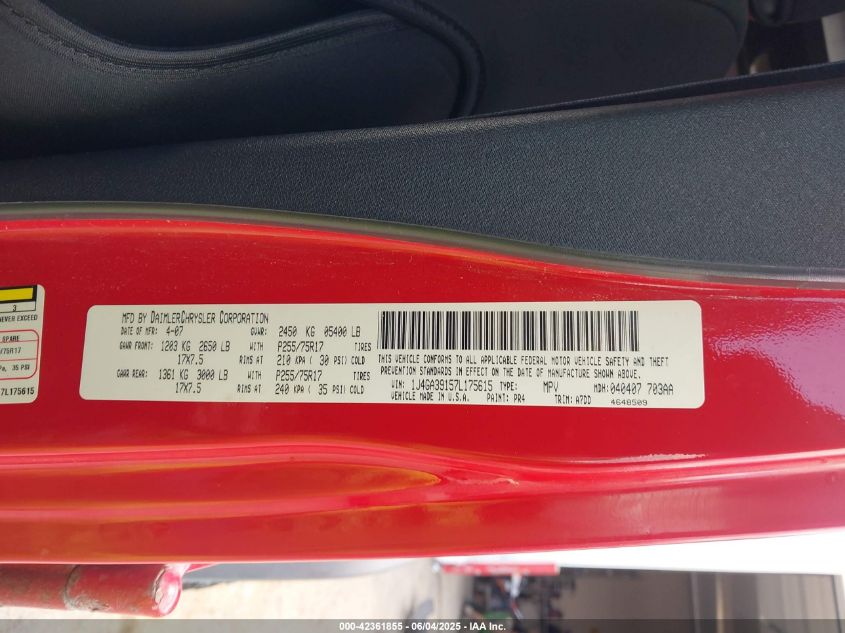 2007 Jeep Wrangler Unlimited X VIN: 1J4GA39157L175615 Lot: 42361855