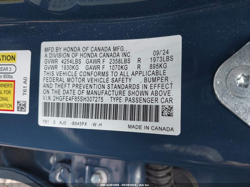 2025 HONDA CIVIC HYBRID SPORT/SPORT TOURING - 2HGFE4F85SH307275