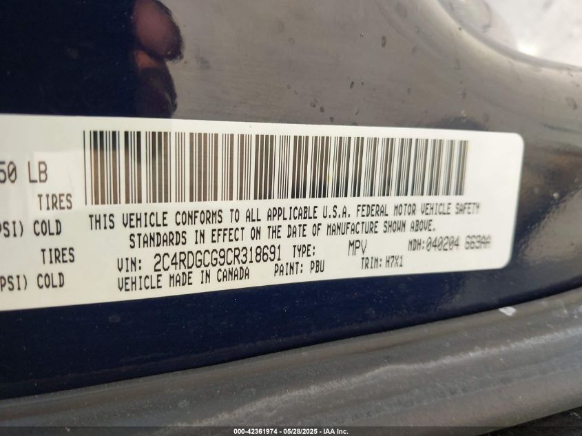 2012 Dodge Grand Caravan Sxt VIN: 2C4RDGCG9CR318691 Lot: 42361974