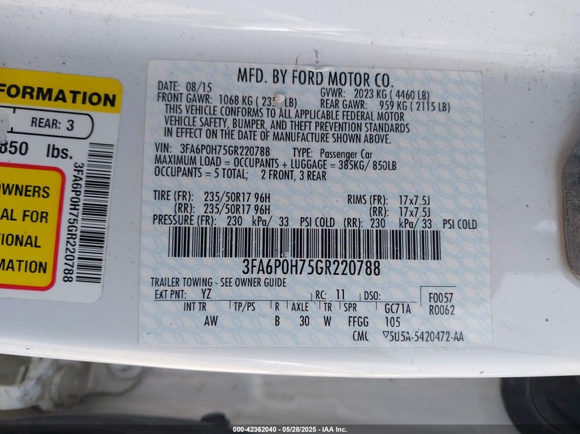 2016 FORD FUSION VIN: 3FA6P0H75GR220788