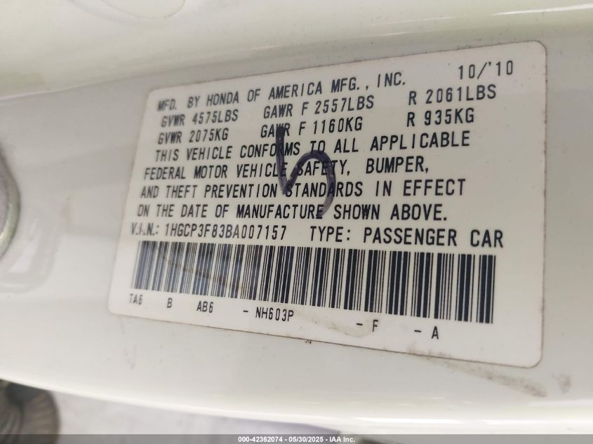 2011 Honda Accord 3.5 Ex-L VIN: 1HGCP3F83BA007157 Lot: 42362074