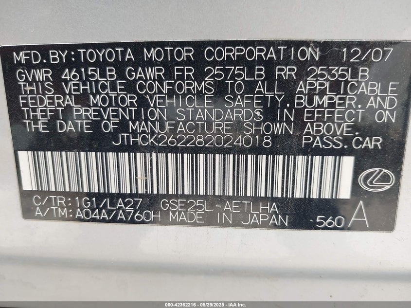 2008 LEXUS IS VIN: JTHCK262282024018