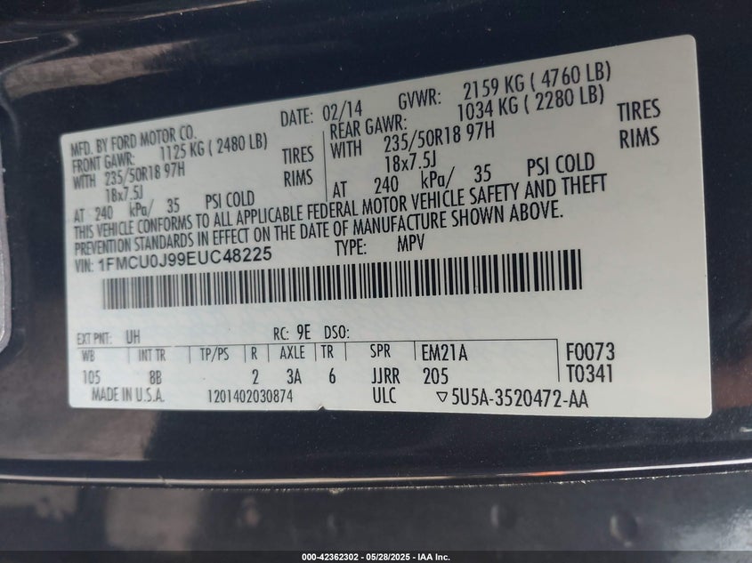 2014 FORD ESCAPE VIN: 1FMCU0J99EUC48225