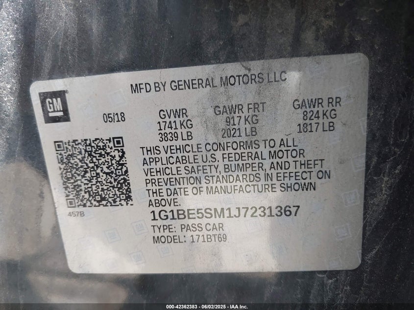 2018 CHEVROLET CRUZE VIN: 1G1BE5SM1J7231367