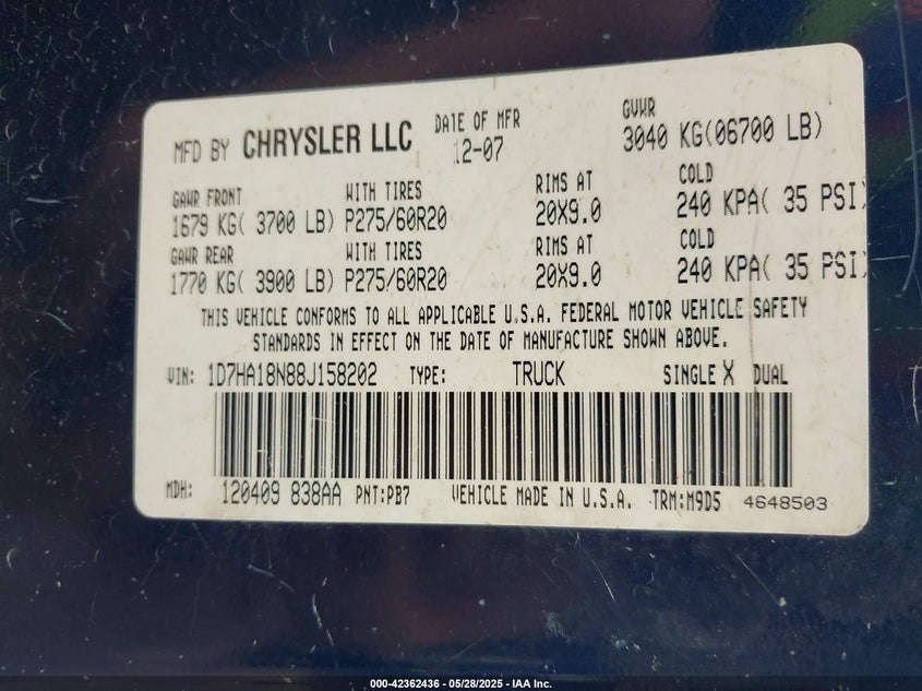 2008 Dodge Ram 1500 Slt VIN: 1D7HA18N88J158202 Lot: 42362436