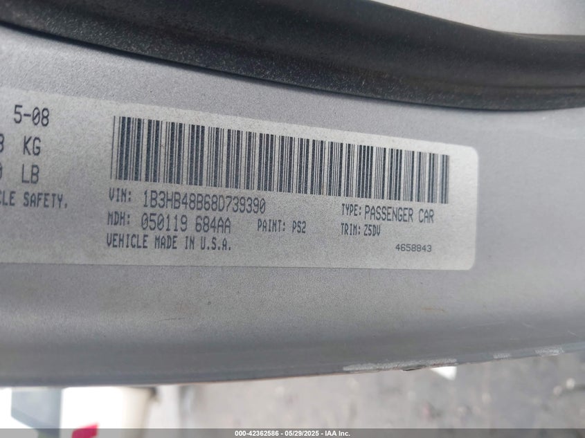 2008 DODGE CALIBER VIN: 1B3HB48B68D739390