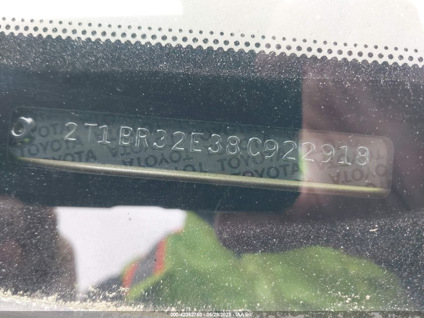 2008 Toyota Corolla Le VIN: 2T1BR32E38C922918 Lot: 42362760