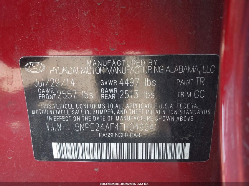 2015 Hyundai Sonata Se VIN: 5NPE24AF4FH049241 Lot: 42362808