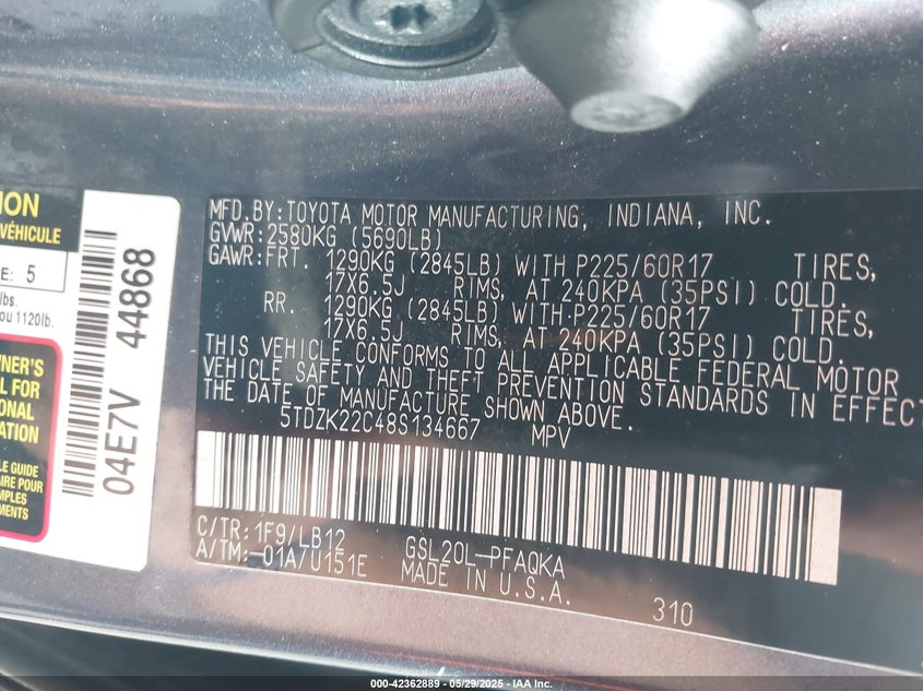 2008 TOYOTA SIENNA VIN: 5TDZK22C48S134667