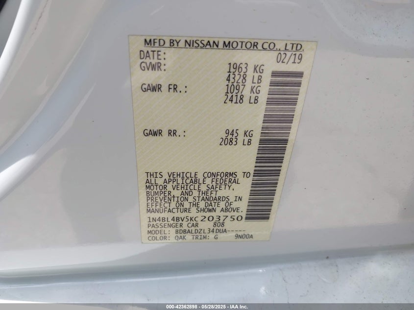 2019 NISSAN ALTIMA 2.5 S - 1N4BL4BV5KC203750