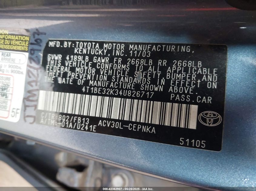 2004 Toyota Camry Le/Se/Std/Xle VIN: 4T1BE32K34U826717 Lot: 42362907