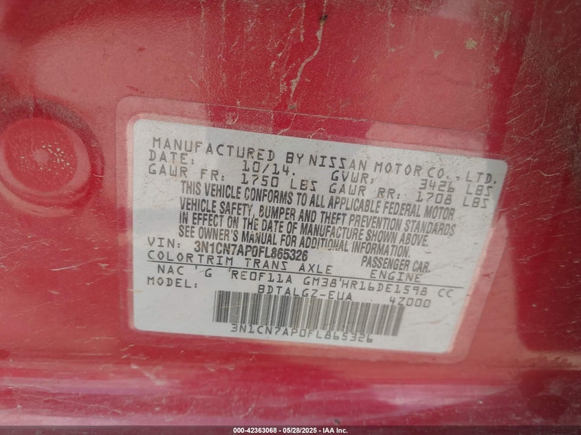 2015 NISSAN VERSA 1.6 SL - 3N1CN7AP0FL865326