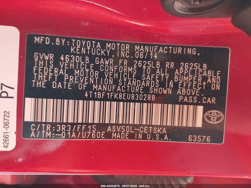 2014 TOYOTA CAMRY VIN: 4T1BF1FK8EU830288