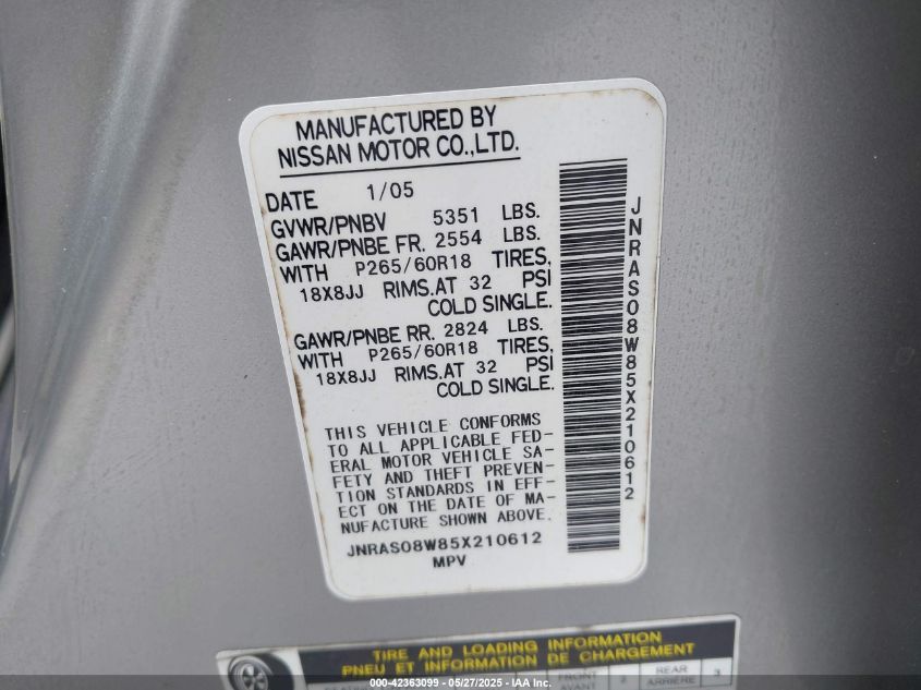 2005 Infiniti Fx35 VIN: JNRAS08W85X210612 Lot: 42363099