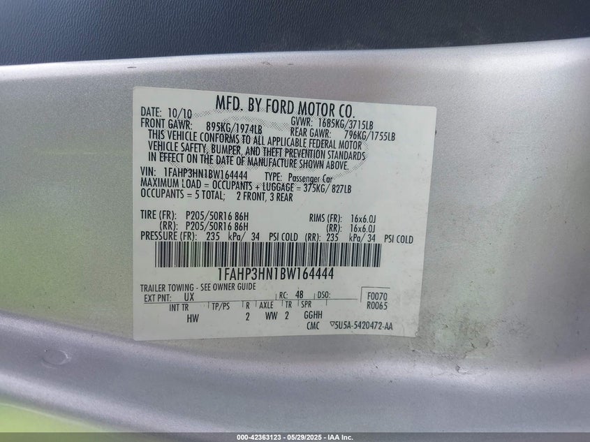 2011 FORD FOCUS VIN: 1FAHP3HN1BW164444