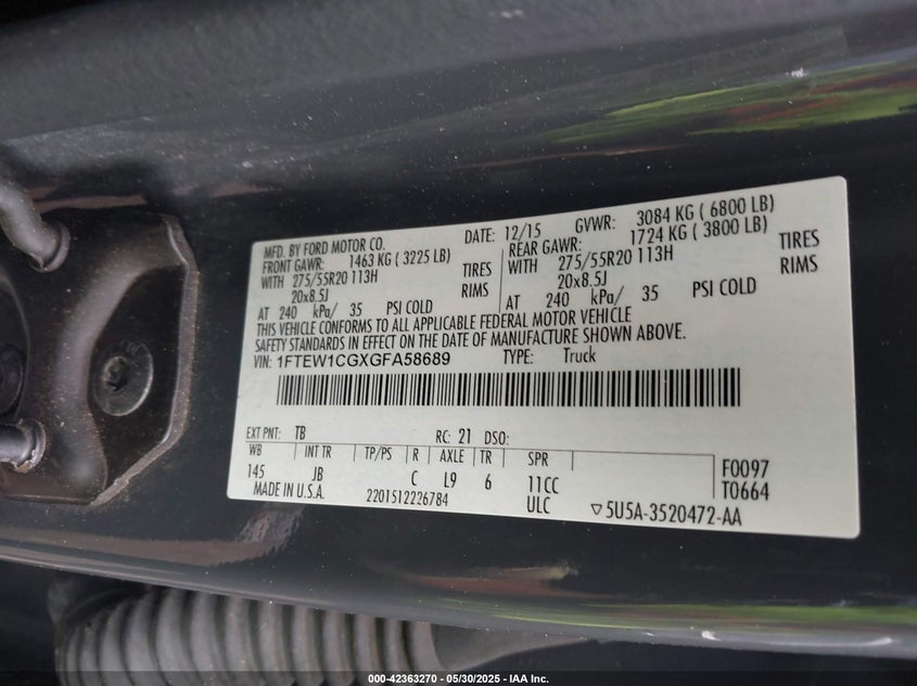 2016 FORD F-150 VIN: 1FTEW1CGXGFA58689