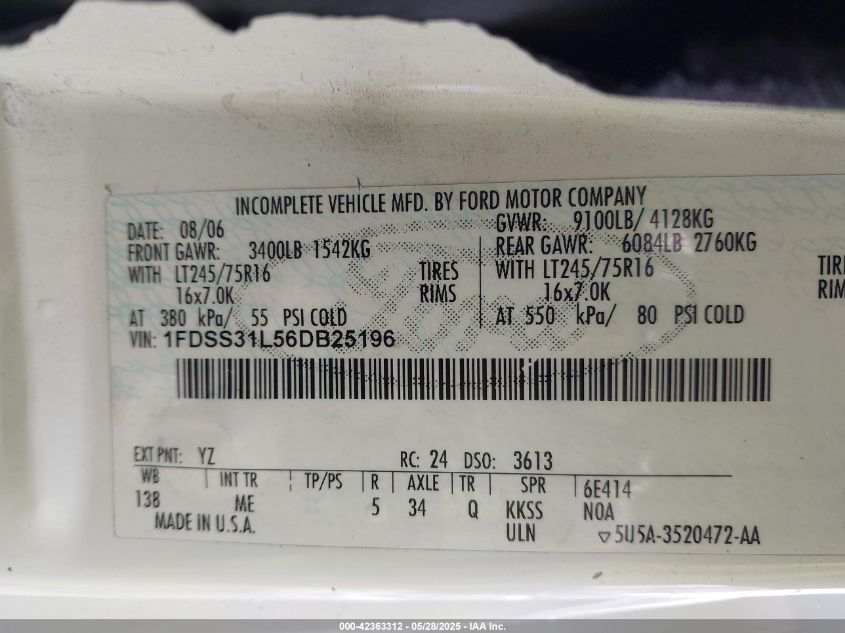 2006 Ford E-350 Super Duty Xlt VIN: 1FDSS31L56DB25196 Lot: 42363312