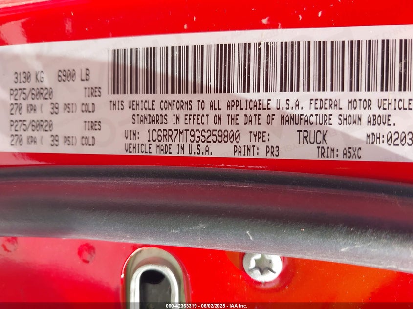 2016 RAM 1500 SPORT - 1C6RR7MT9GS259800