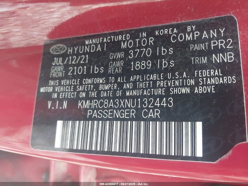 2022 Hyundai Venue Sel VIN: KMHRC8A3XNU132443 Lot: 42363417