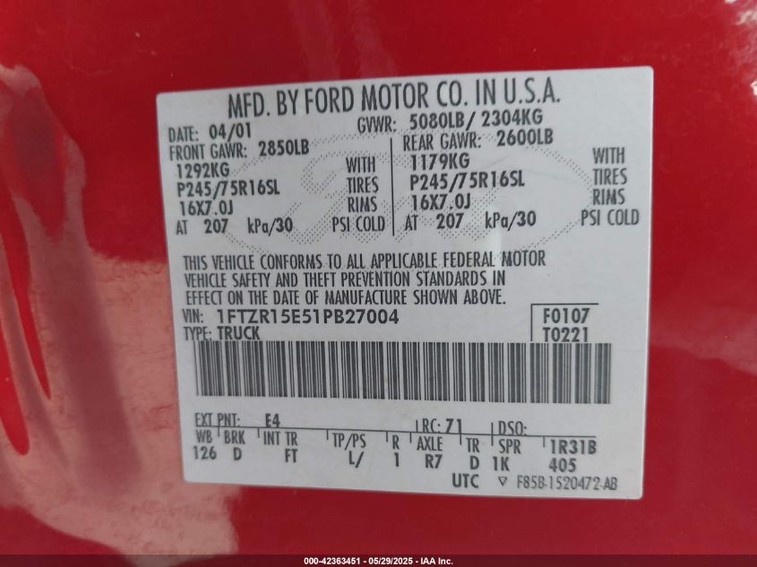 2001 Ford Ranger Edge/Xlt VIN: 1FTZR15E51PB27004 Lot: 42363451