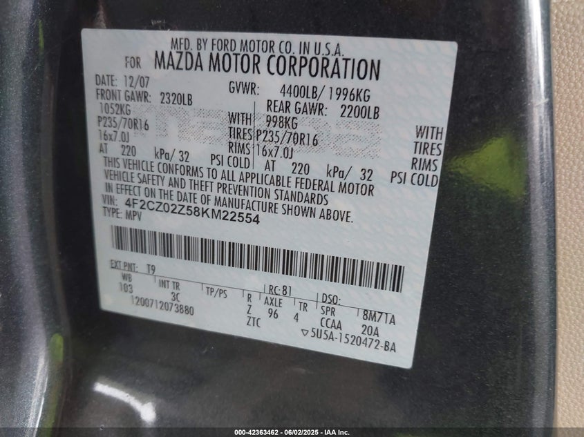 2008 MAZDA TRIBUTE VIN: 4F2CZ02Z58KM22554