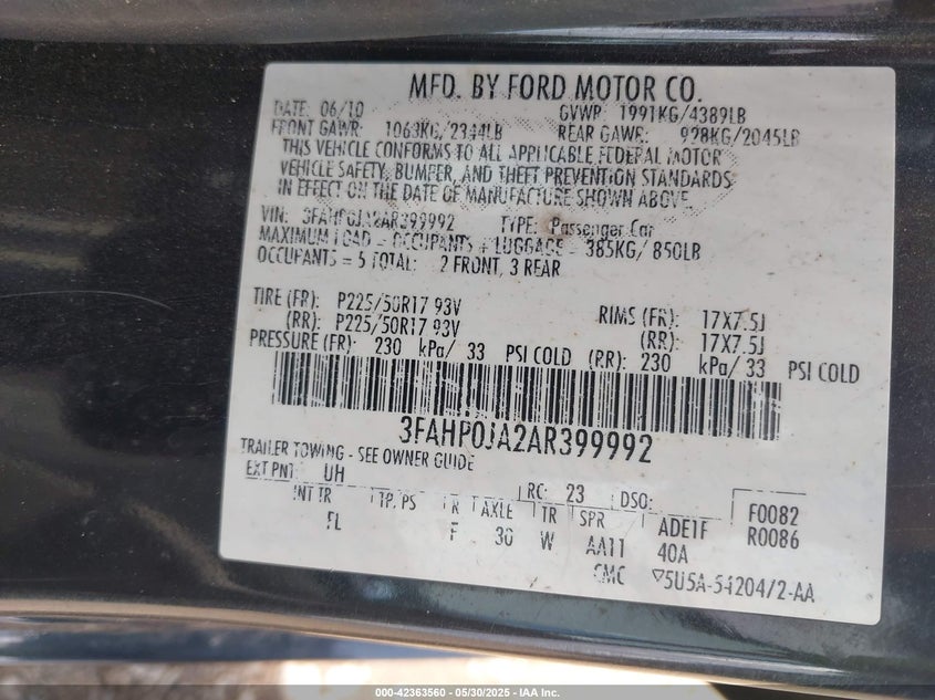 2010 FORD FUSION VIN: 3FAHP0JA2AR399992