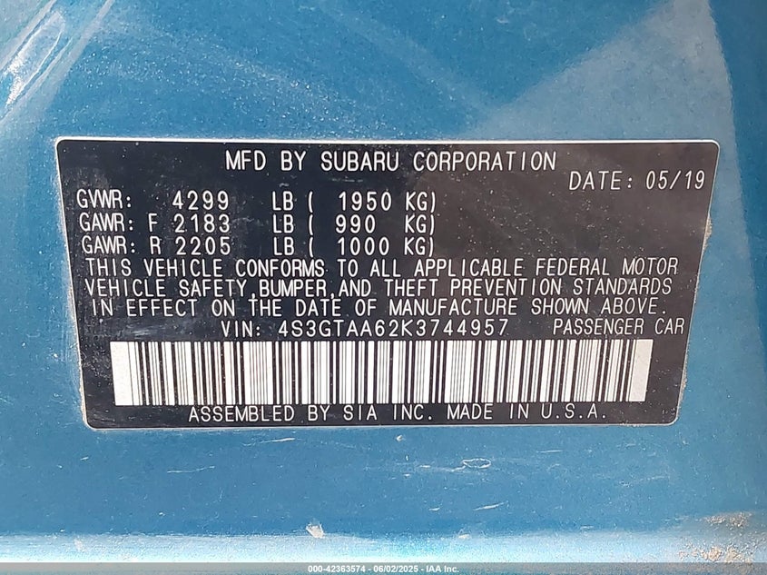 2019 SUBARU IMPREZA 2.0I - 4S3GTAA62K3744957