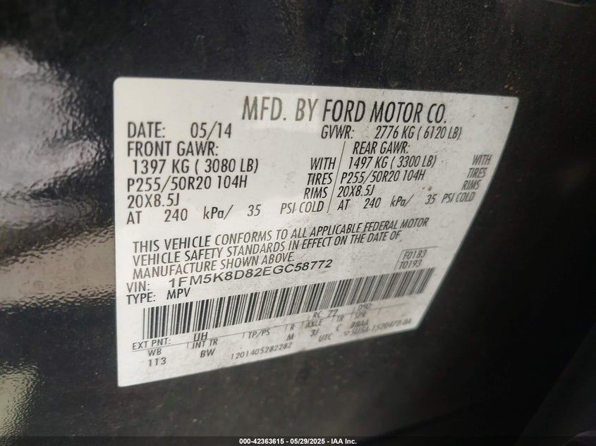 2014 FORD EXPLORER VIN: 1FM5K8D82EGC58772