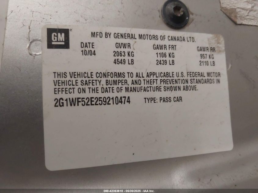 2005 Chevrolet Impala VIN: 2G1WF52E259210464 Lot: 42363618