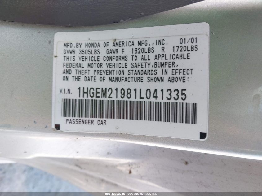 2001 Honda Civic Ex VIN: 1HGEM21981L041335 Lot: 42363736
