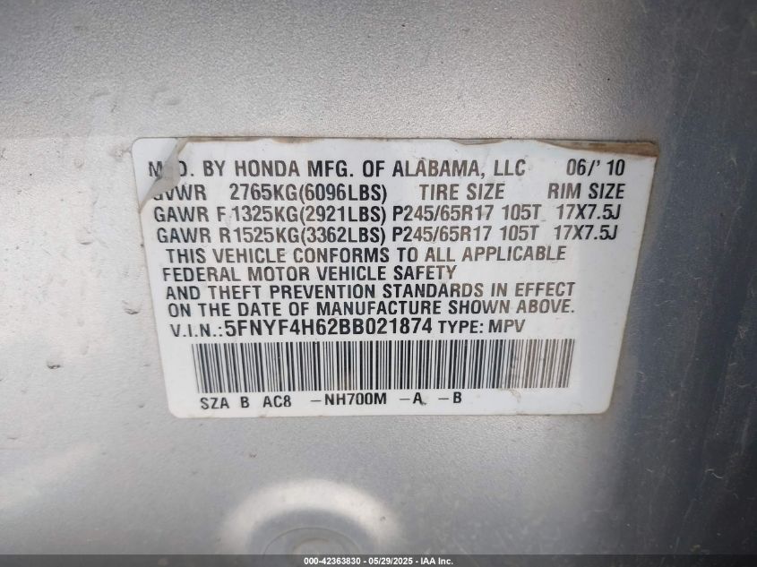 2011 Honda Pilot Ex-L VIN: 5FNYF4H62BB021874 Lot: 42363830