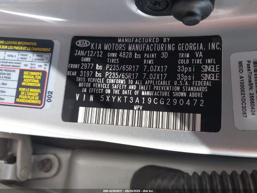 2012 Kia Sorento Lx VIN: 5XYKT3A19CG290472 Lot: 42363837