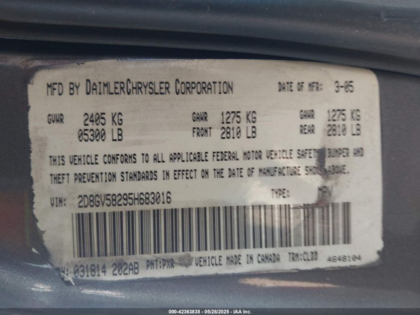 2005 Dodge Magnum Rt VIN: 2D8GV58295H683016 Lot: 42363838