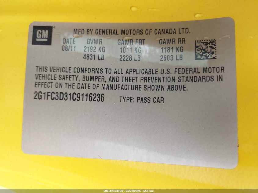 2012 Chevrolet Camaro 2Lt VIN: 2G1FC3D31C9116236 Lot: 42363906