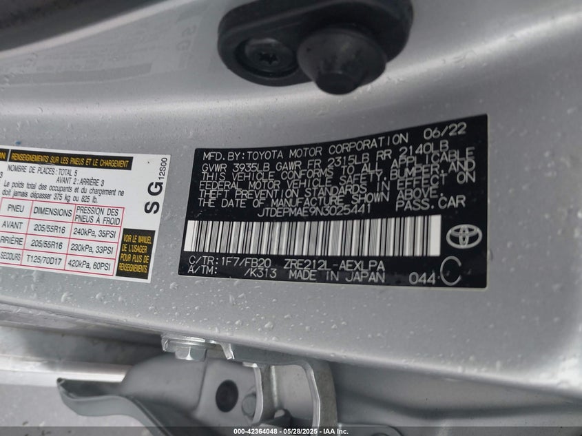 2022 TOYOTA COROLLA 1.8L I4   N(VIN: JTDEPMAE9N3025441