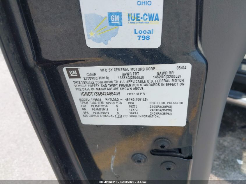 2004 Chevrolet Trailblazer Lt VIN: 1GNDT13S642406409 Lot: 42364118