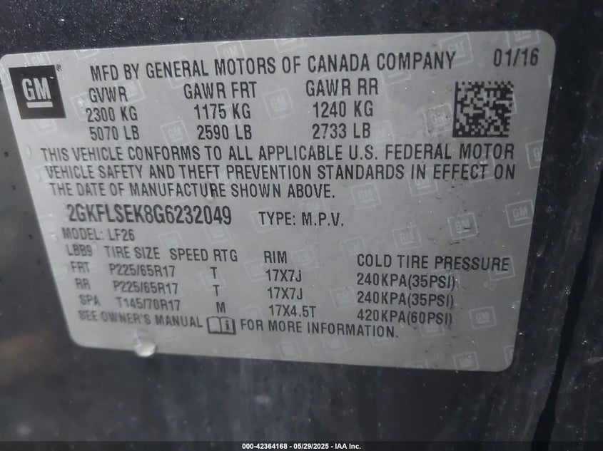 2016 GMC TERRAIN VIN: 2GKFLSEK8G6232049