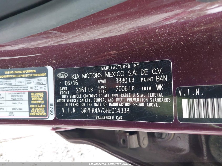 2017 KIA FORTE VIN: 3KPFK4A73HE014338
